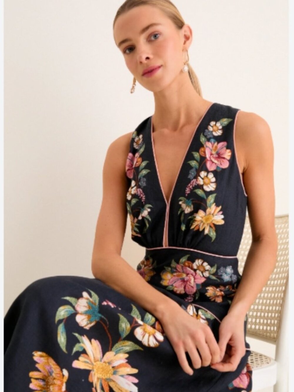Farm Rio Dark Blue/Navy Maira Floral Linen Midi Dress Sundress Small NWT - Picture 2 of 14